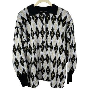 VTG DIANE VON FURSTENBURG 80’s Argyle Sweater Silver Gold Black Women’s Large